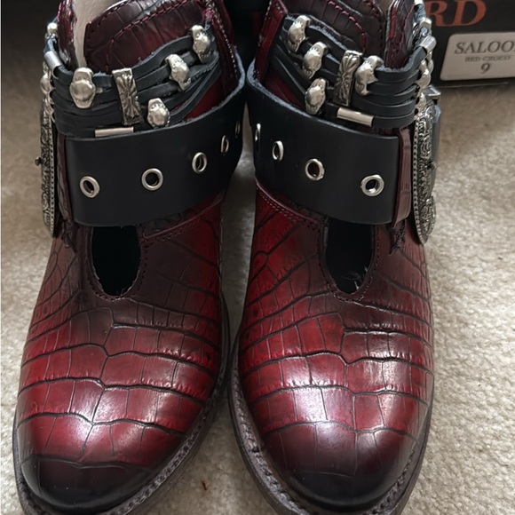 freebird Burgundy Croc-Embossed Leather Ankle Boots with Studded Buckles - Picture 2 of 8